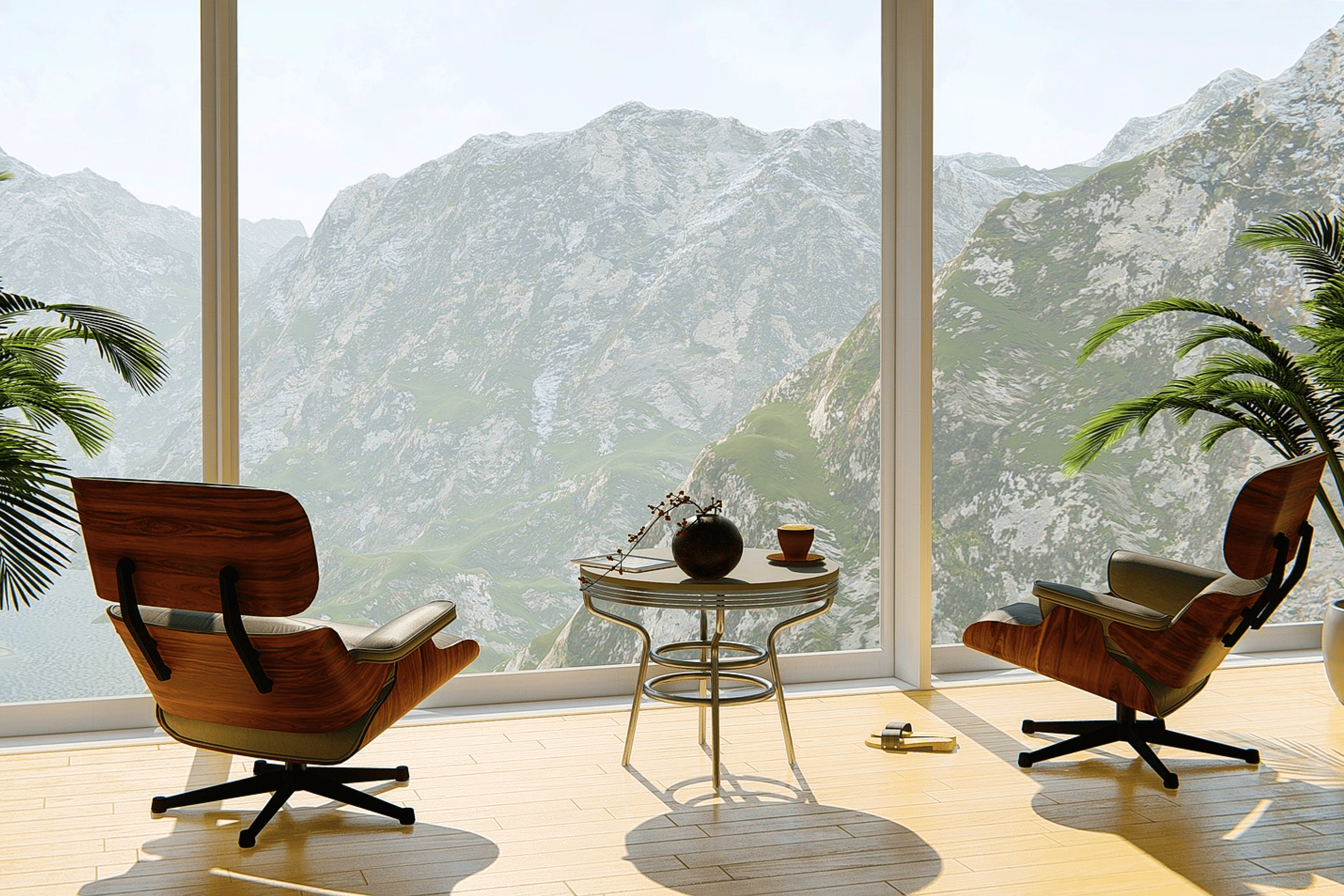 Panoramablick aus einem Zimmer in die Tiroler Berge